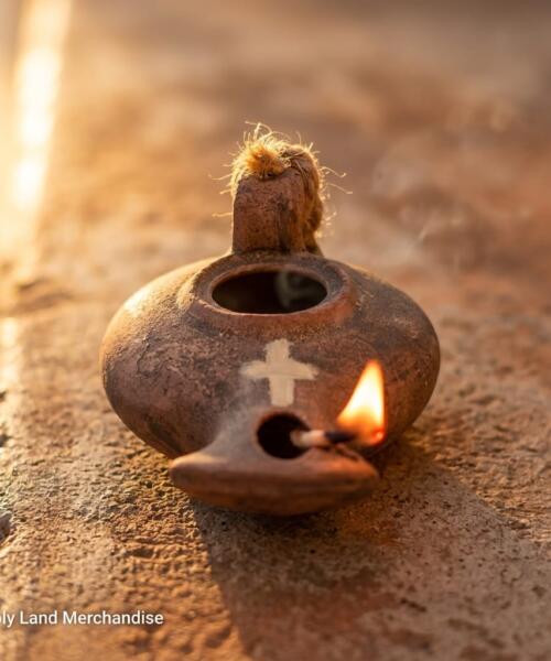 Hand Carved Clay Oil Lamp from Jerusalem – Engraved Cross, Biblical Pottery, Unique Christian Gift, Holy Land Handmade