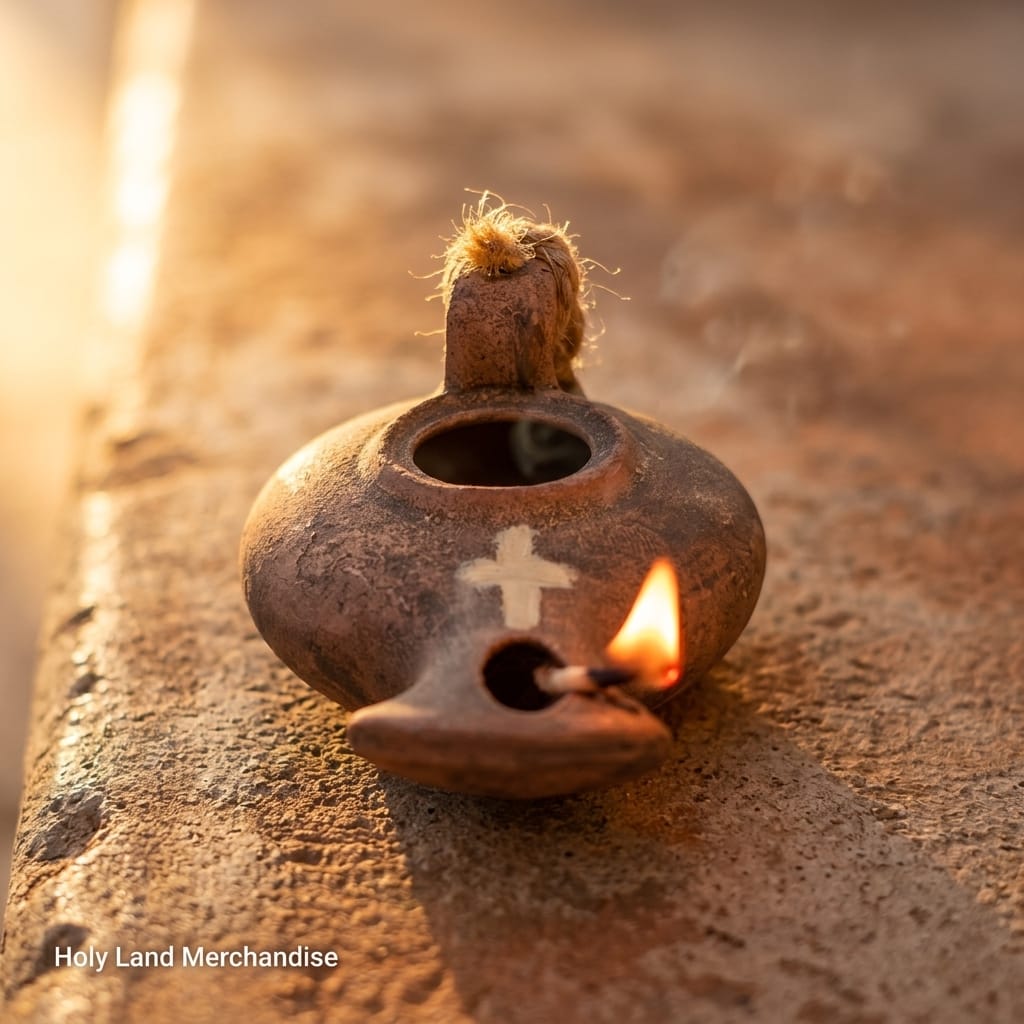 Hand Carved Clay Oil Lamp from Jerusalem – Engraved Cross, Biblical Pottery, Unique Christian Gift, Holy Land Handmade