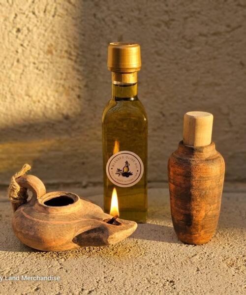 Clay Oil Lamp Jerusalem | Holy Land Gift Set | Qumran Cave Jar + Cana Galilee Olive Oil | Biblical Christian Gift Handmade
