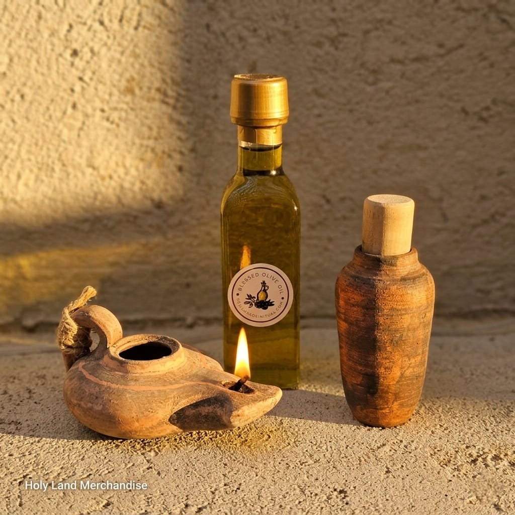 Clay Oil Lamp Jerusalem | Holy Land Gift Set | Qumran Cave Jar + Cana Galilee Olive Oil | Biblical Christian Gift Handmade