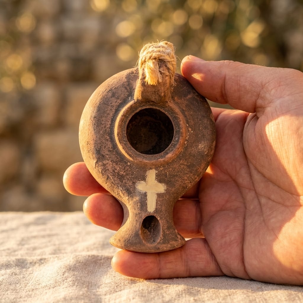 Hand Carved Clay Oil Lamp from Jerusalem – Engraved Cross, Biblical Pottery, Unique Christian Gift, Holy Land Handmade - Image 5