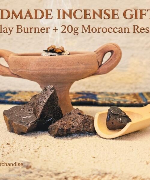 Beginner Resin Incense Kit, Small Handmade Clay Burner with 20g Moroccan Black Fasoukh, Charcoal Incense Holder Gift Set
