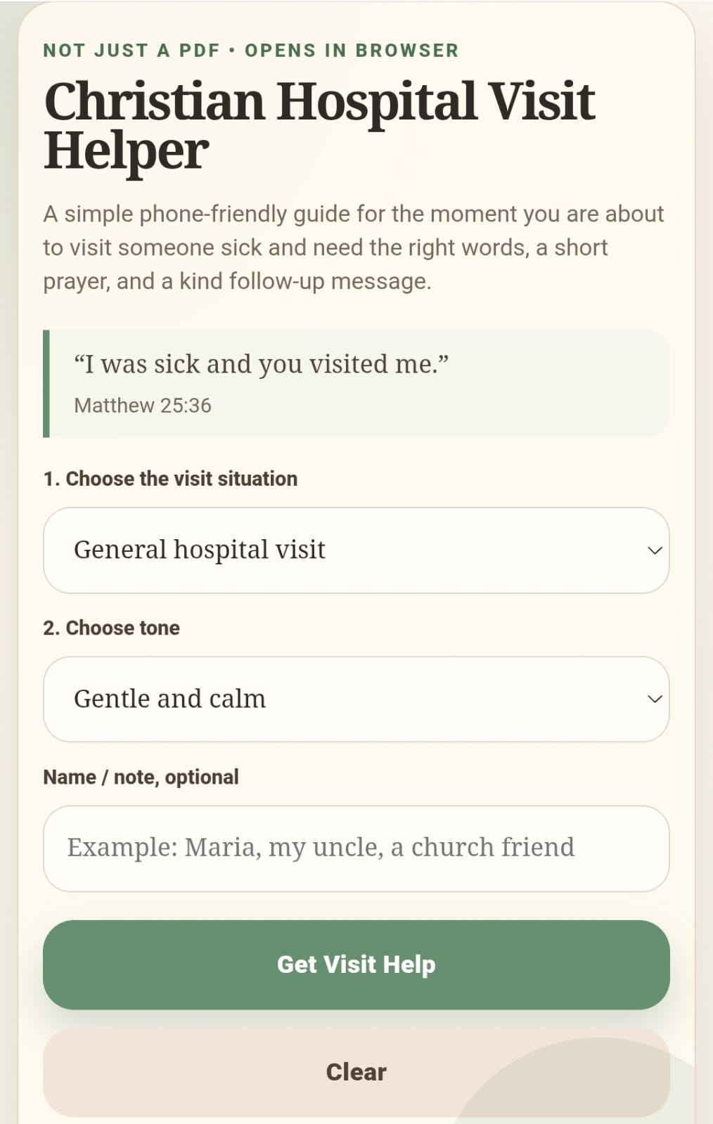 Christian Hospital Visit Helper HTML Tool, Get Well Prayer Generator, Surgery Recovery Prayers, What to Pray, Not Just PDF - Image 2