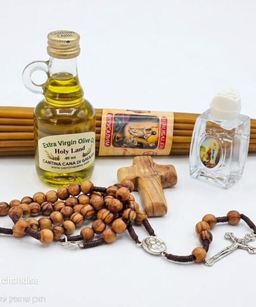 Holy Land Prayer Gift Set from Jerusalem, Nazareth, Cana & Bethlehem – Holy Water, Anointing Oil, Olive Wood Rosary, Cross & Beeswax Candles