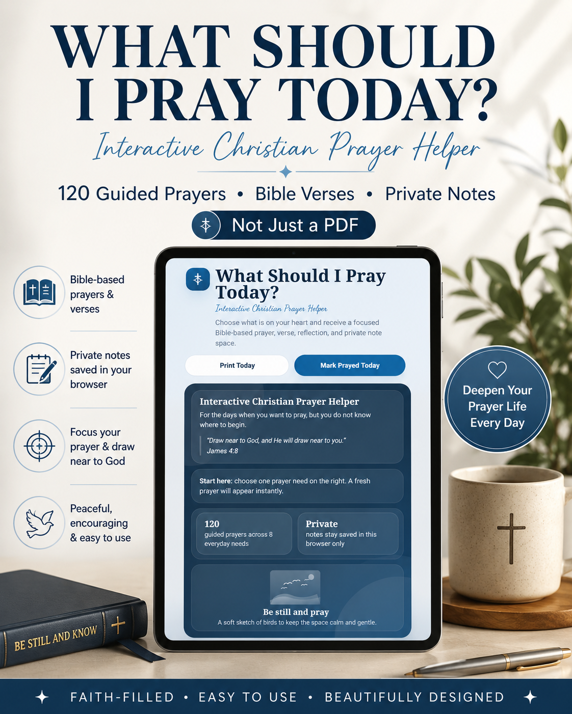 What Should I Pray Today? Interactive Prayer Helper HTML Tool, Christian Prayer Journal, Bible Verse Prompts, Daily Devotional