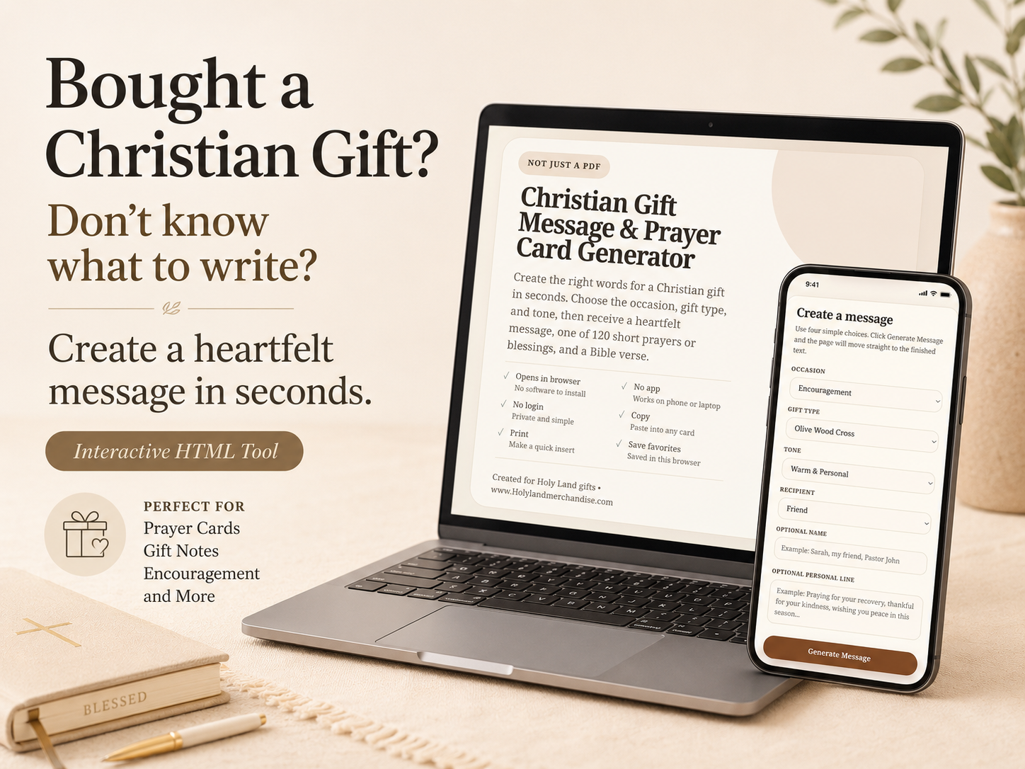 Christian Gift Message Generator, Prayer Card Text Tool, Bible Verse Gift Note, Religious Blessing Writer, Baptism Sympathy Encouragement Card