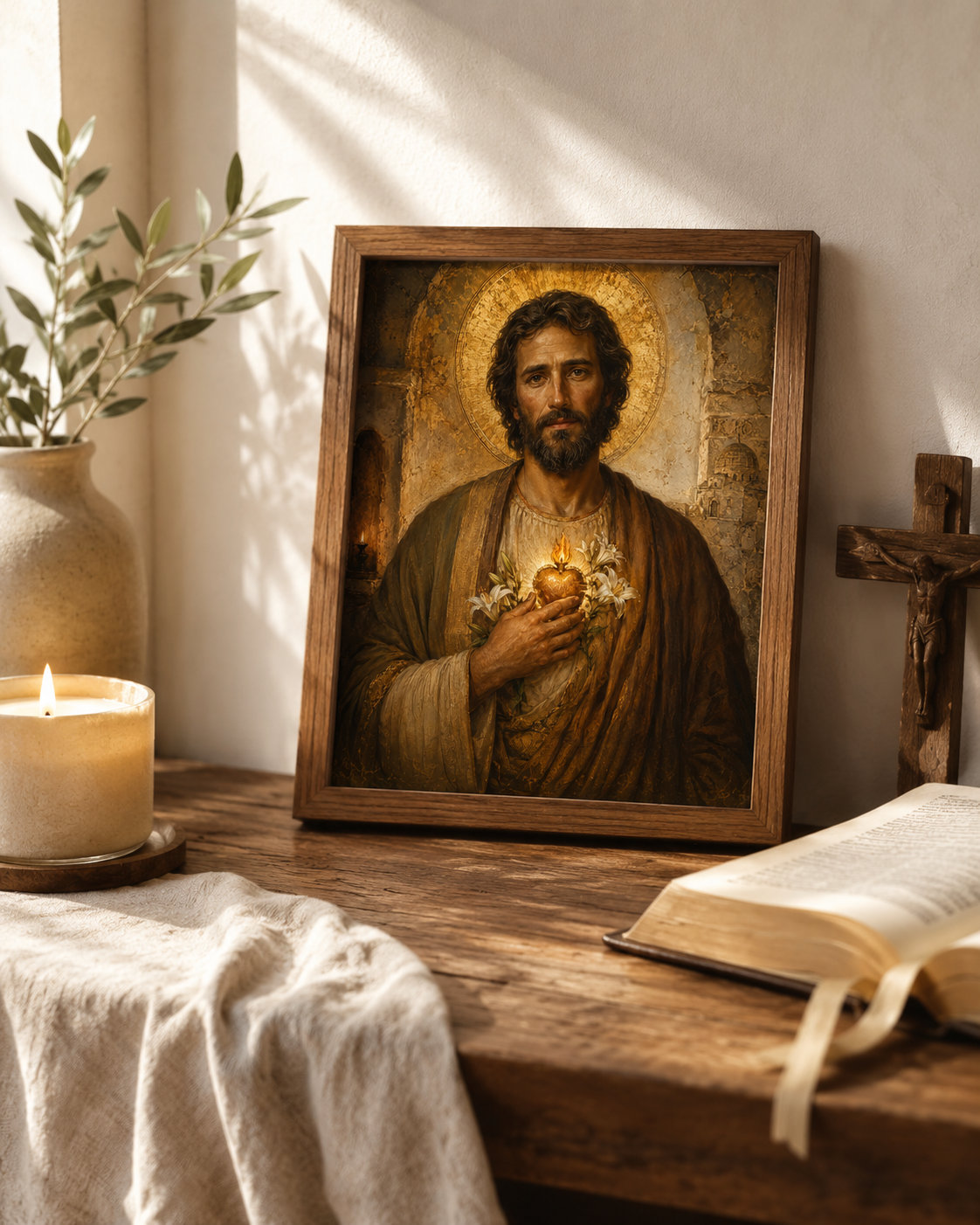 Most Chaste Heart of St Joseph Print, Catholic Wall Art Digital Download, Holy Family Sacred Hearts, Saint Joseph Devotional Portrait