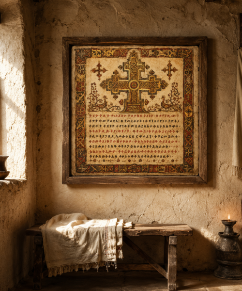 Ethiopian Bible Manuscript Print, Orthodox Cross Wall Art, Ancient Ge’ez Inspired Christian Printable, Sacred African Monastery Decor