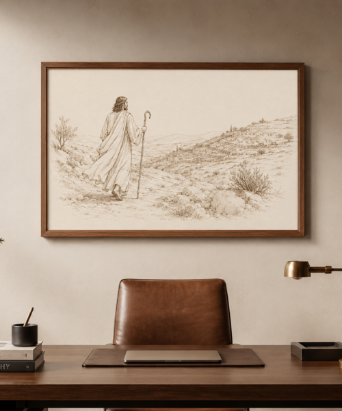 Jesus Leaving 99 Sheep Fine Line Art Print, Good Shepherd Parable Wall Art, Christian Scripture Printable, Biblical Sepia Illustration