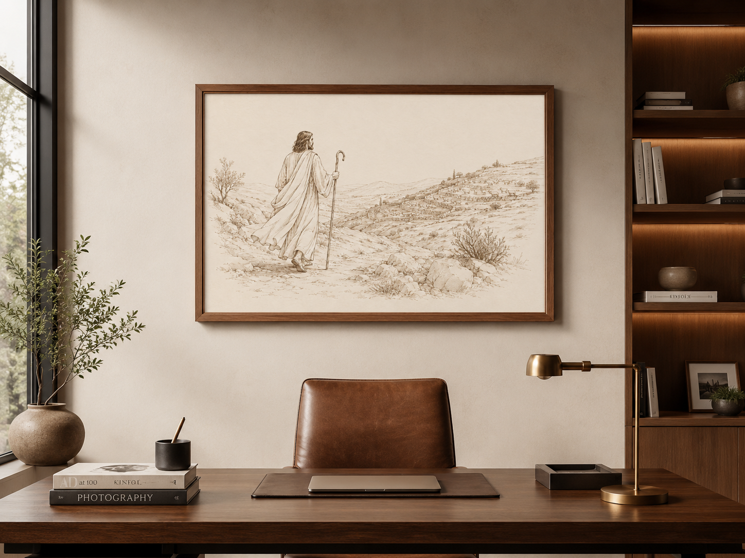 Jesus Leaving 99 Sheep Fine Line Art Print, Good Shepherd Parable Wall Art, Christian Scripture Printable, Biblical Sepia Illustration