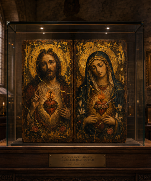 Kintsugi Sacred Heart & Immaculate Heart Diptych, Catholic Wall Art Print, Jesus Mary Sacred Hearts Icon, Ancient Gold Leaf Digital Download