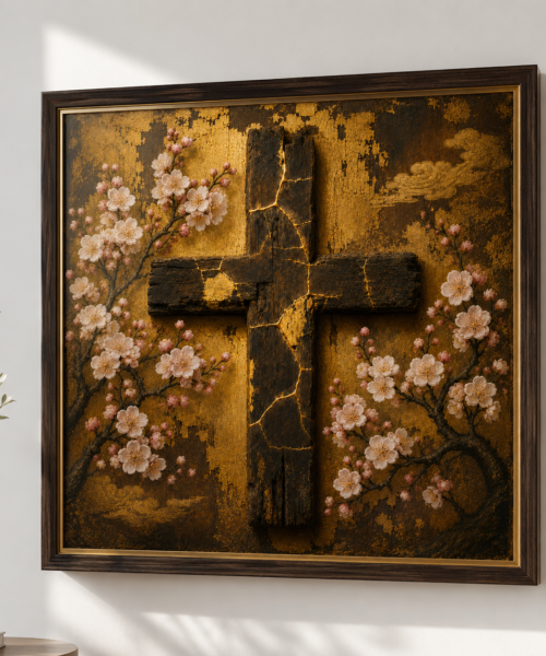 Kintsugi Cross Christian Wall Art, Ancient Gold Leaf Cross Print, Japanese Christian Icon, Kakure Kirishitan Art, Broken Restored Faith Download