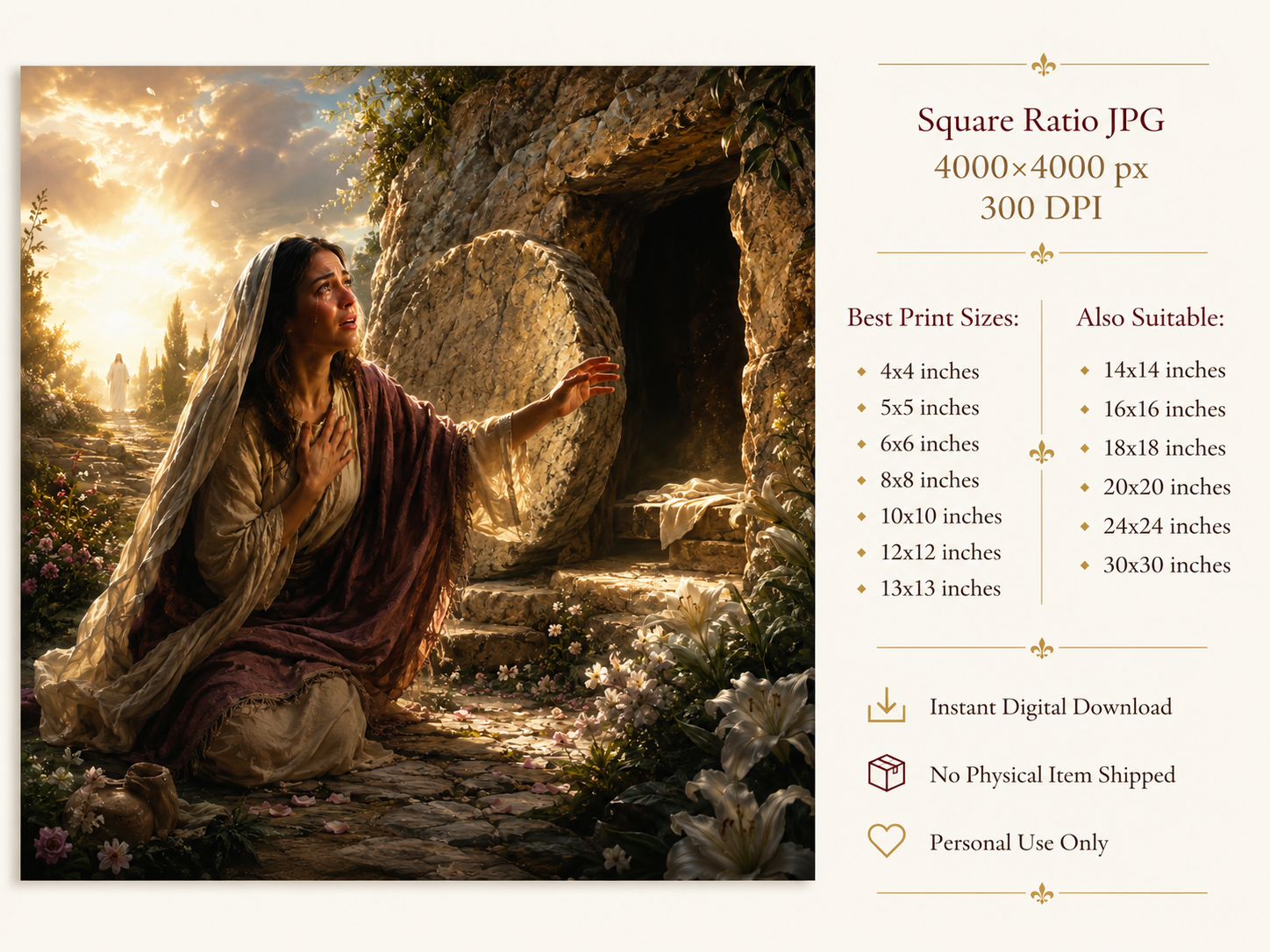 Mary Magdalene at the Garden Tomb Print, Empty Tomb Resurrection Wall Art, He Is Risen Christian Easter Art, Catholic Printable Decor - Image 2
