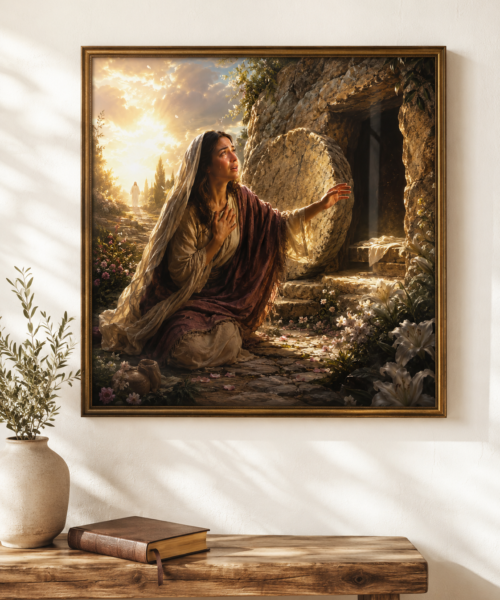 Mary Magdalene at the Garden Tomb Print, Empty Tomb Resurrection Wall Art, He Is Risen Christian Easter Art, Catholic Printable Decor