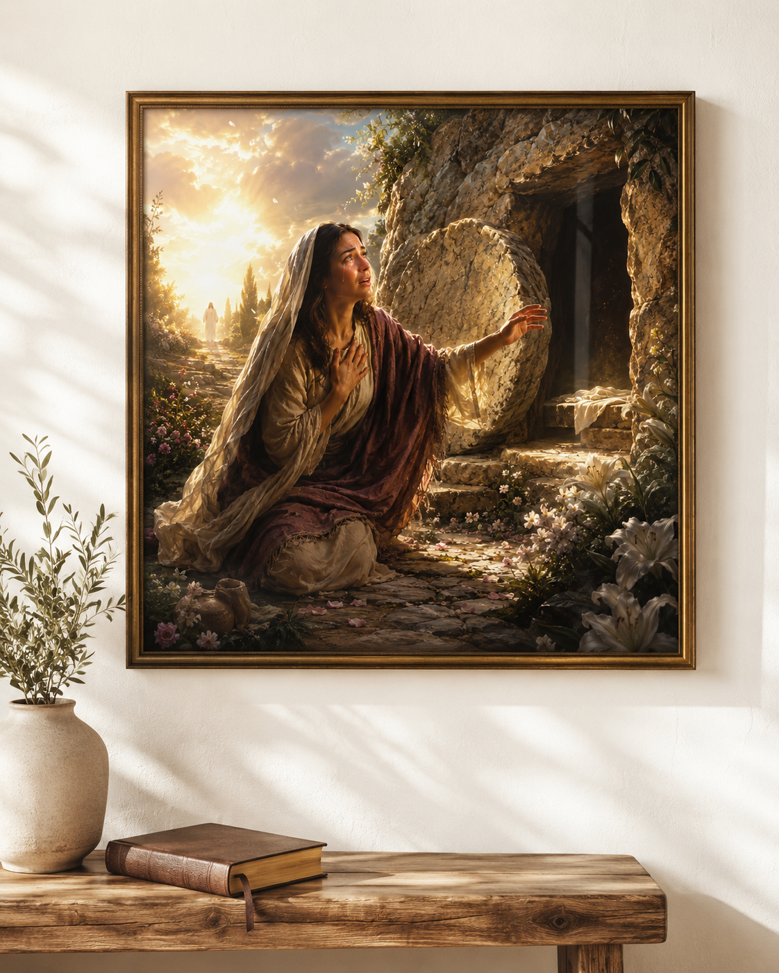 Mary Magdalene at the Garden Tomb Print, Empty Tomb Resurrection Wall Art, He Is Risen Christian Easter Art, Catholic Printable Decor