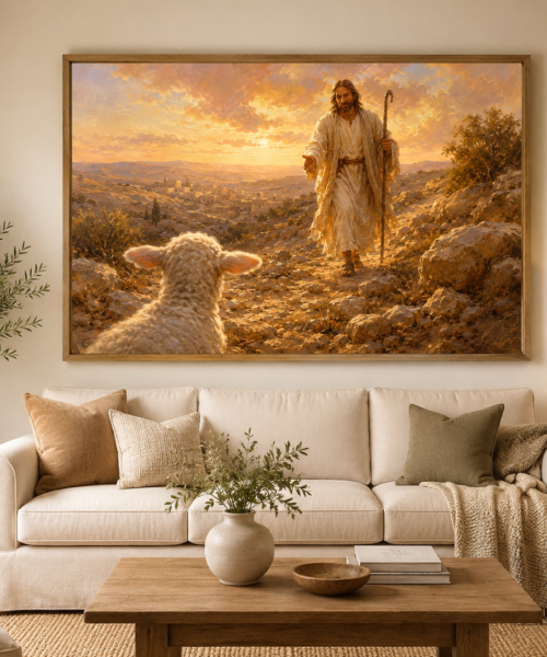 Jesus Good Shepherd Lost Lamb Wall Art Print, Biblical Oil Painting Style, Christian Home Decor, Judean Wilderness Printable Scripture Art
