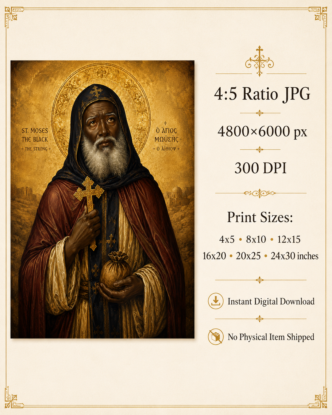 St Moses the Black Icon Printable, Orthodox Coptic Wall Art, Moses the Ethiopian, Desert Father Christian Digital Download - Image 5