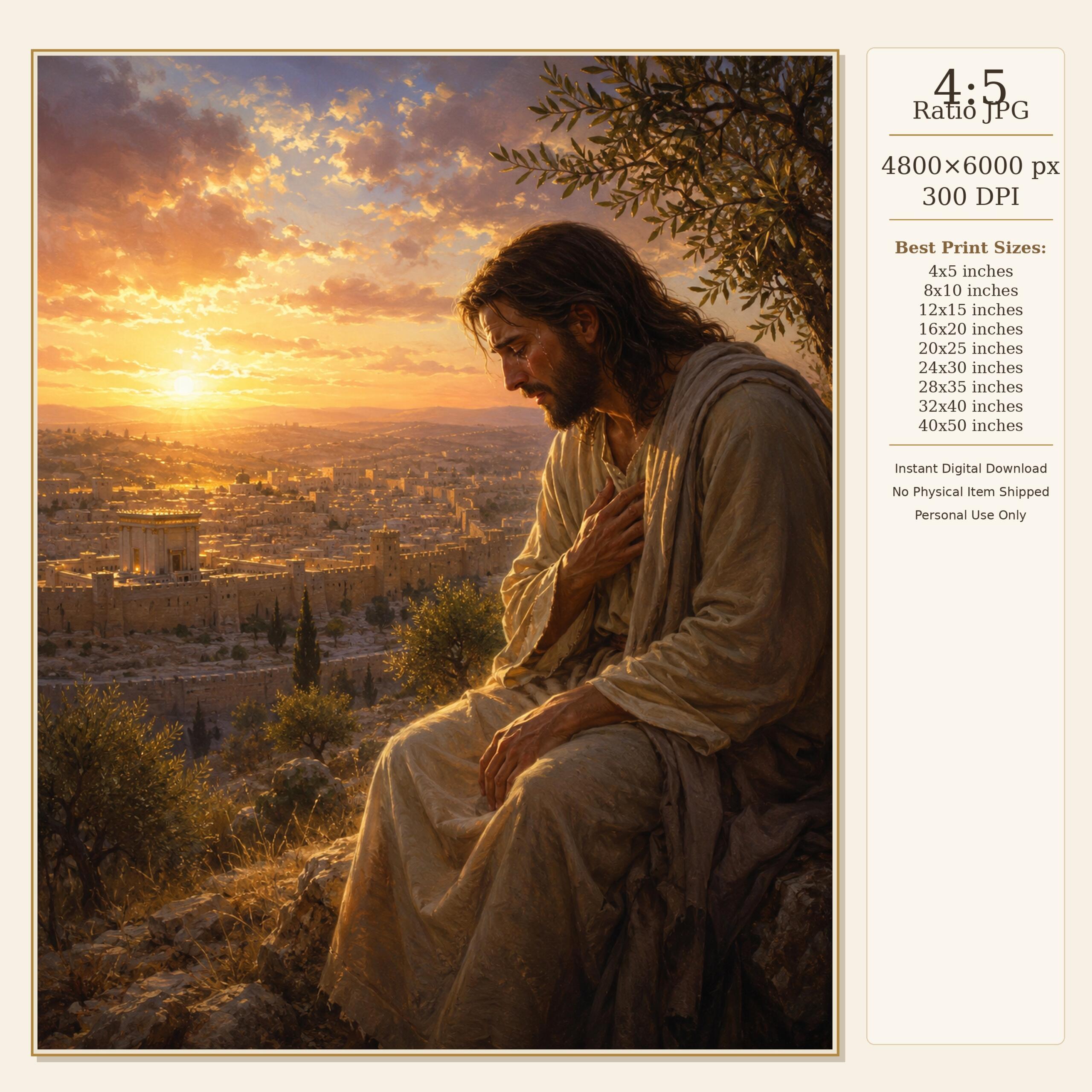 Jesus Weeps Over Jerusalem Print, Emotional Christian Wall Art, Luke 19 Bible Artwork, Mount of Olives Jerusalem Sunset Digital Download - Image 3