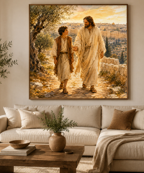 Jesus Walking with Youth Wall Art Print | Watercolor Jerusalem Christian Gift | Holy Land Bible Art | Religious Home Decor | Scripture Wall