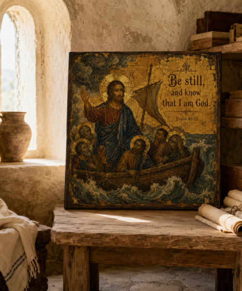 Jesus Calms the Storm Print, Psalm 46:10 Be Still Wall Art, Sea of Galilee Christian Icon, Ancient Gold Leaf Digital Download