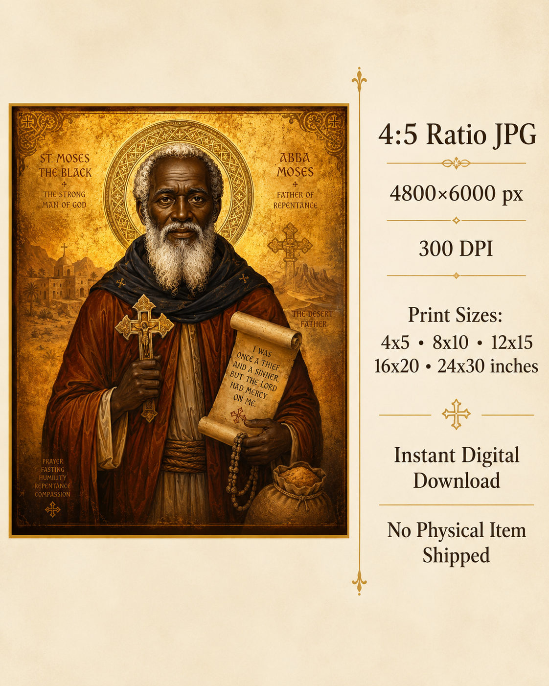 St Moses the Black Icon Printable, Coptic African Saint Wall Art, Saint Moses Ethiopian Orthodox Icon, Desert Father Christian Digital Download - Image 6