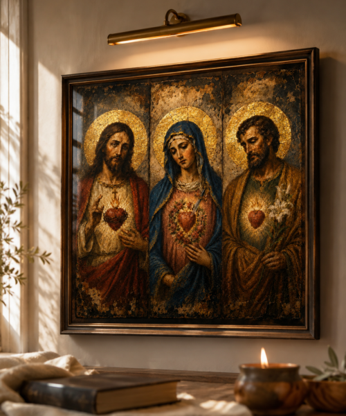 Three Hearts Holy Family Icon, Jesus Mary Joseph Sacred Hearts, Gold Leaf Monastery Catholic Art, Square Digital Download