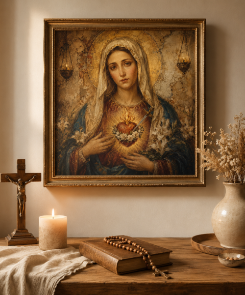 Immaculate Heart of Mary Wall Art, Virgin Mary Catholic Print, Antique Chapel Fresco, Marian Devotional Art, Printable Download
