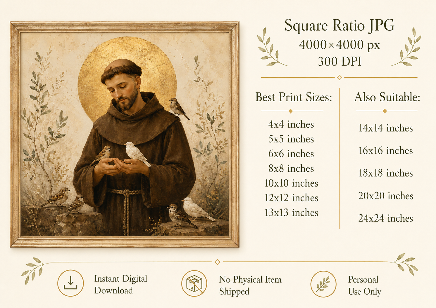 Saint Francis of Assisi Birds Print, Catholic Wall Art, Patron Saint of Animals, Square Christian Printable, Pet Memorial Gift - Image 4