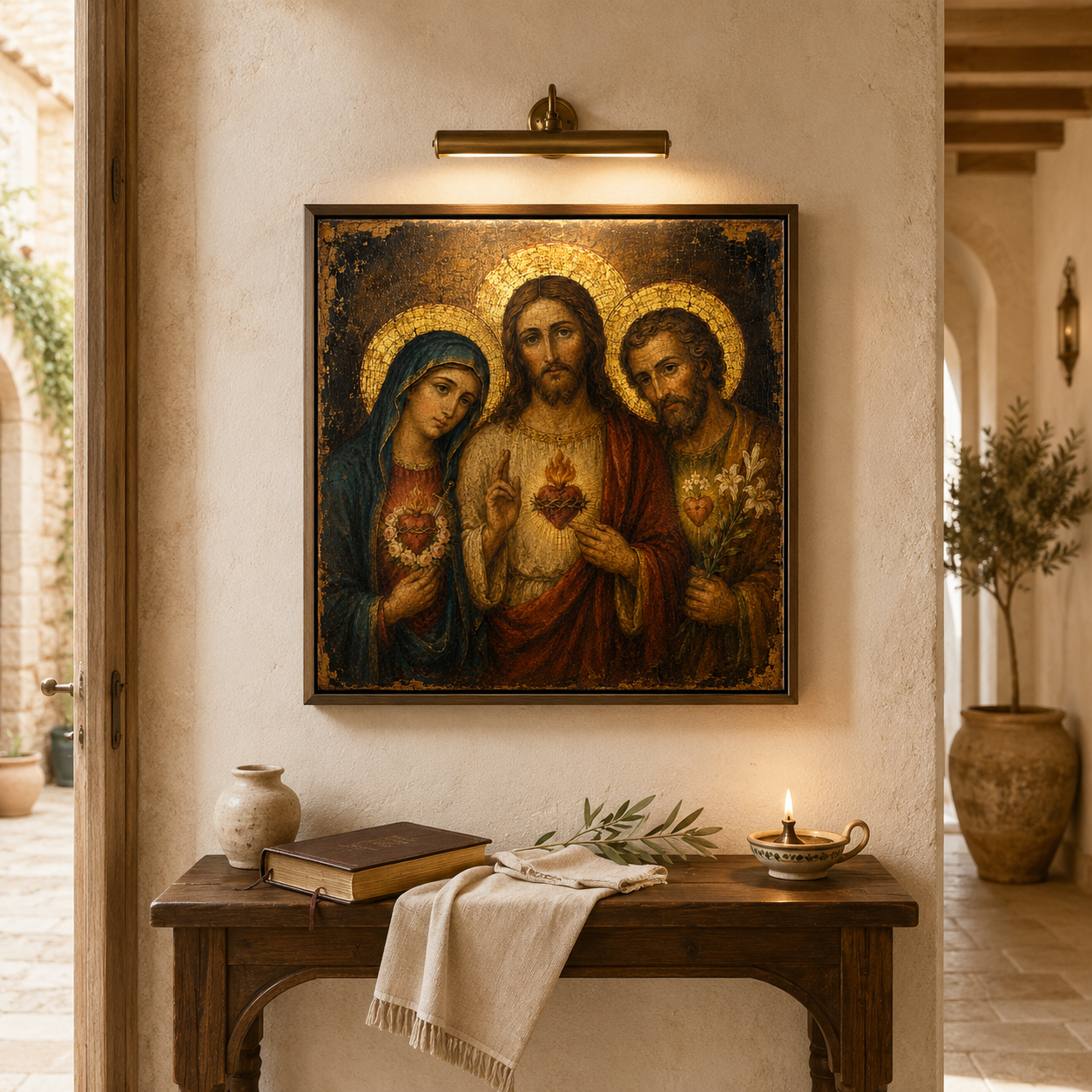 Holy Family Three Hearts Icon, Sacred Heart Jesus, Immaculate Heart Mary, Chaste Heart Joseph, Catholic Digital Print - Image 2