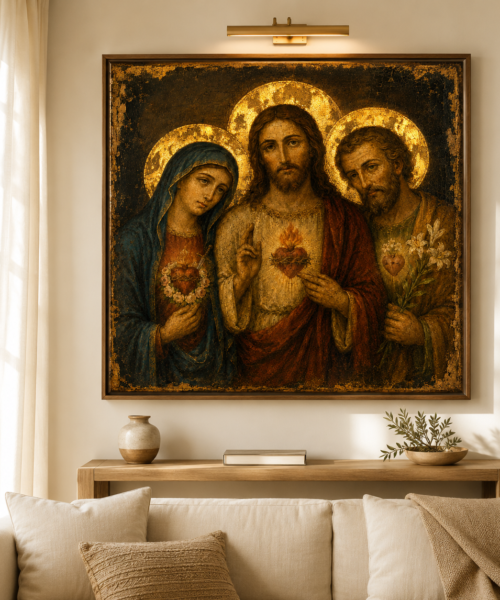 Holy Family Three Hearts Icon, Sacred Heart Jesus, Immaculate Heart Mary, Chaste Heart Joseph, Catholic Digital Print