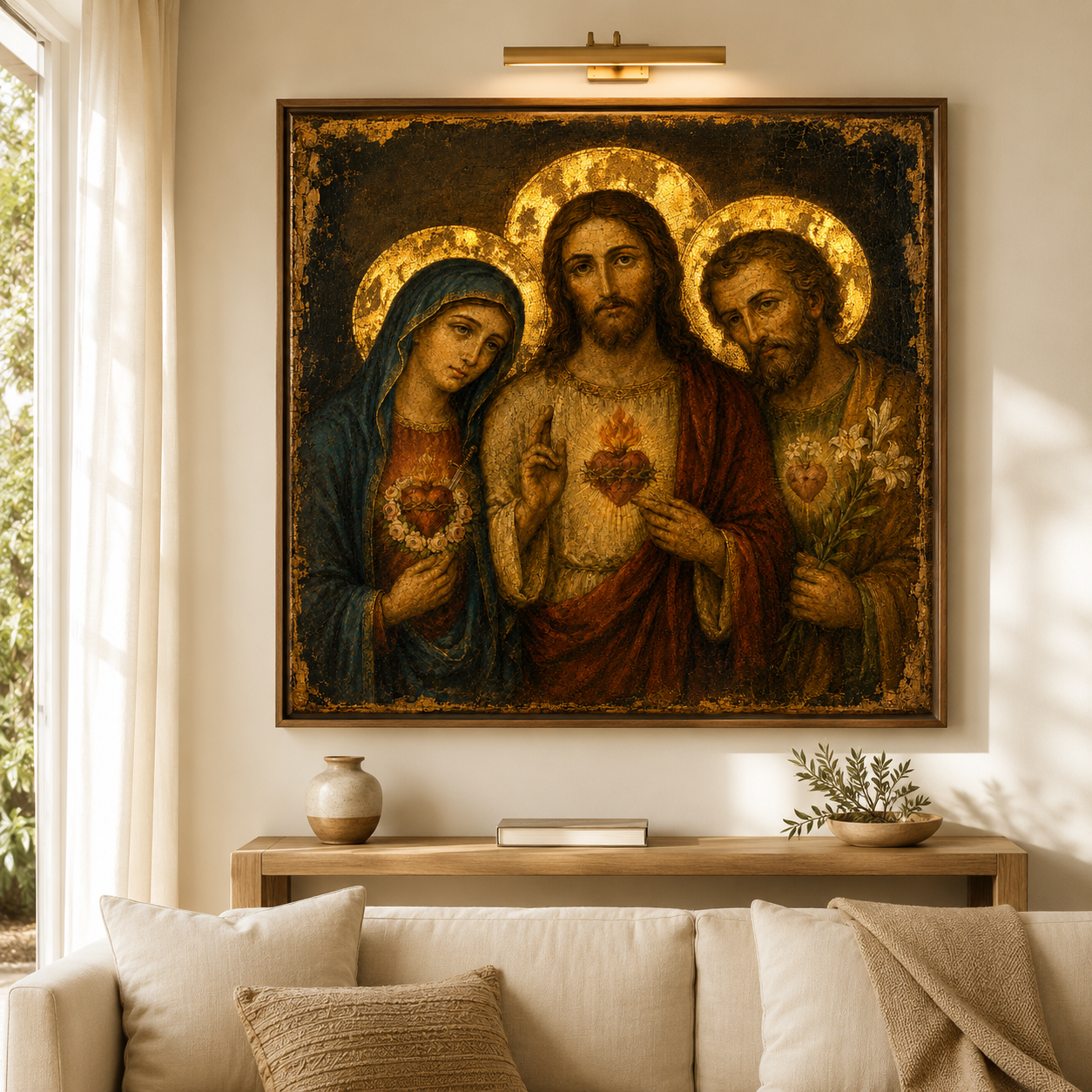 Holy Family Three Hearts Icon, Sacred Heart Jesus, Immaculate Heart Mary, Chaste Heart Joseph, Catholic Digital Print