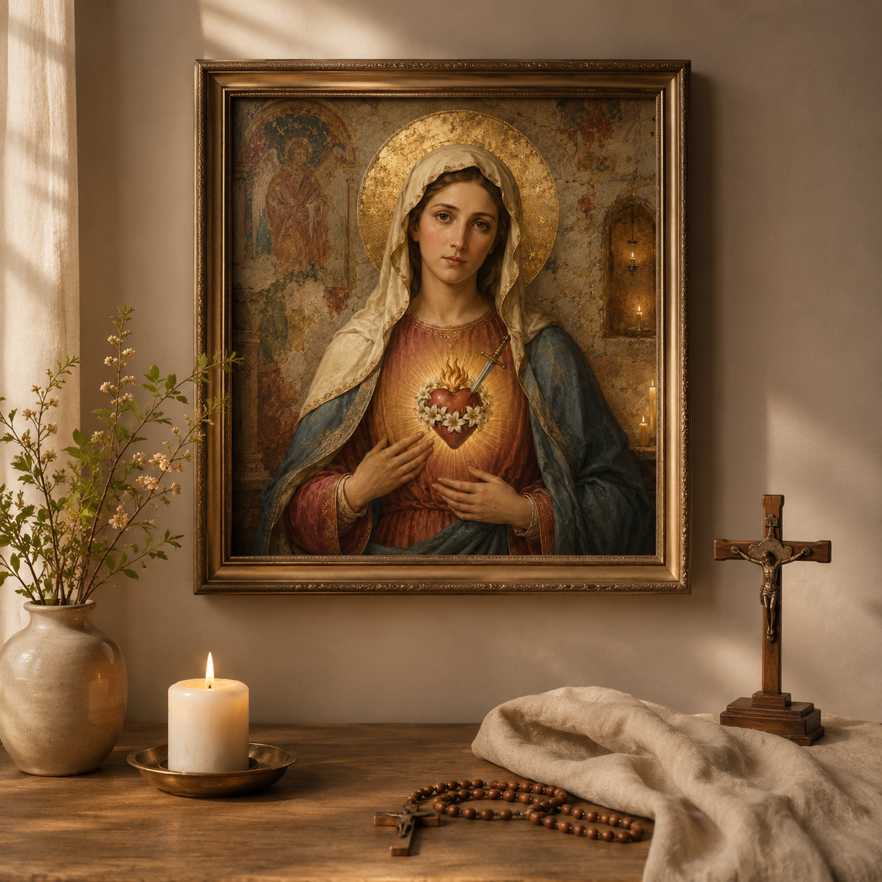 Immaculate Heart of Mary Catholic wall art digital download featuring a Holy Land chapel inspired Virgin Mary portrait with aged gold leaf, lilies, sacred heart, and timeless devotional style. - Image 2