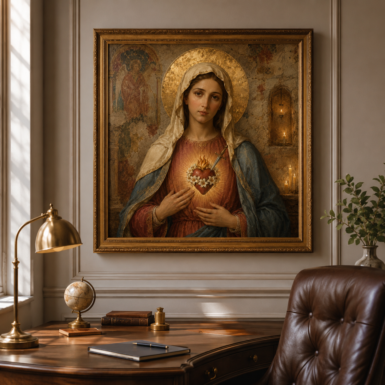 Immaculate Heart of Mary Catholic wall art digital download featuring a Holy Land chapel inspired Virgin Mary portrait with aged gold leaf, lilies, sacred heart, and timeless devotional style. - Image 3