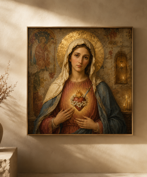 Immaculate Heart of Mary Catholic wall art digital download featuring a Holy Land chapel inspired Virgin Mary portrait with aged gold leaf, lilies, sacred heart, and timeless devotional style.