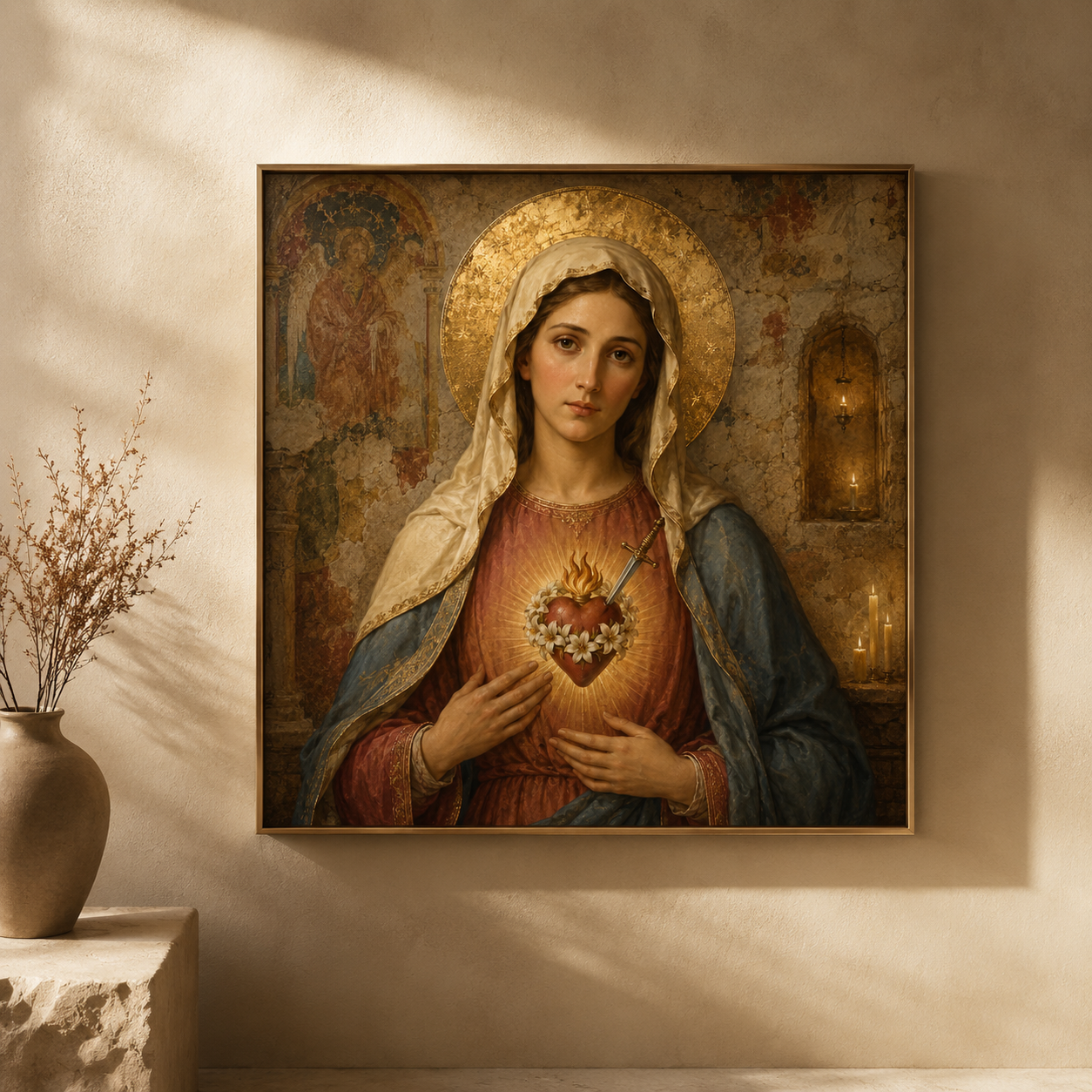Immaculate Heart of Mary Catholic wall art digital download featuring a Holy Land chapel inspired Virgin Mary portrait with aged gold leaf, lilies, sacred heart, and timeless devotional style.