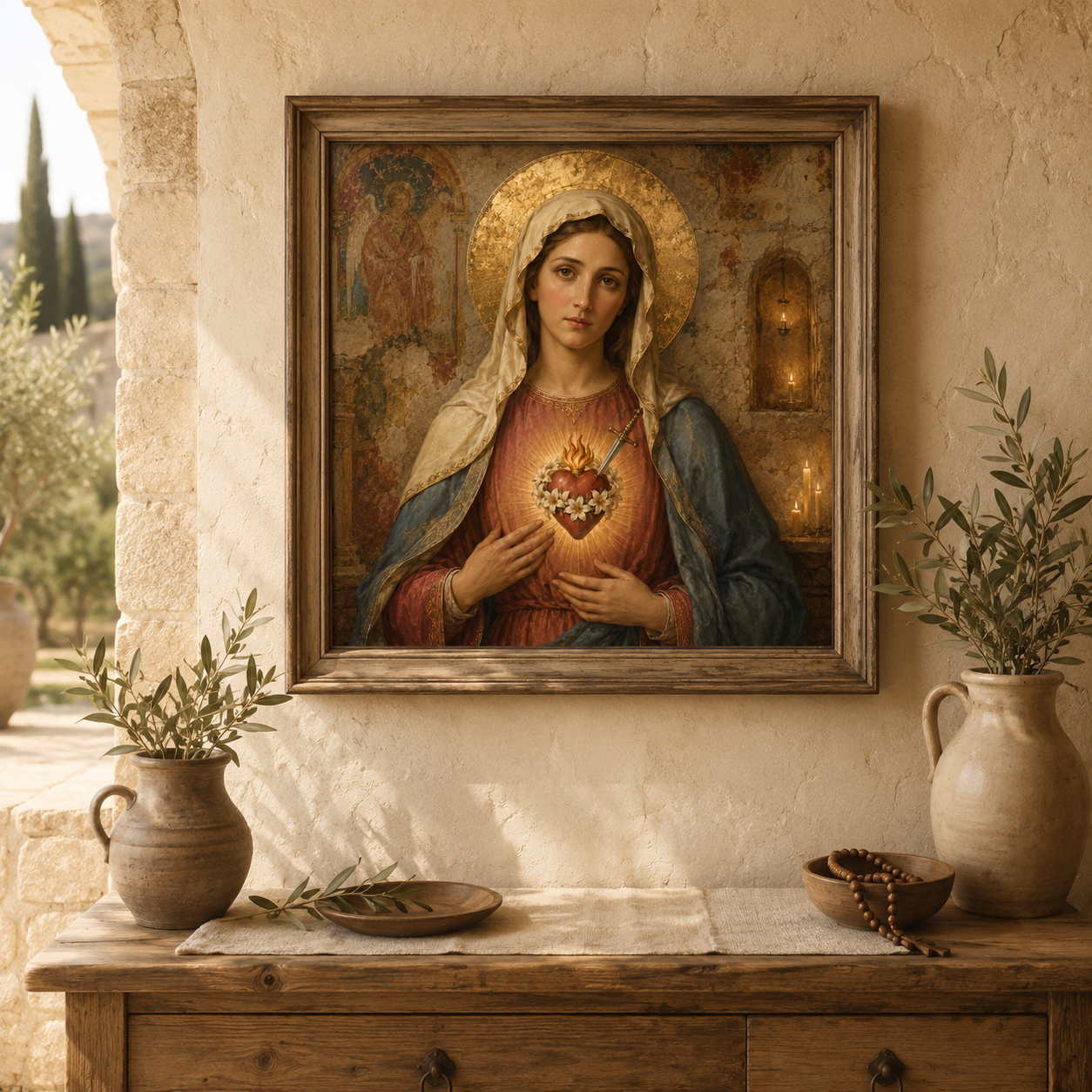 Immaculate Heart of Mary Catholic wall art digital download featuring a Holy Land chapel inspired Virgin Mary portrait with aged gold leaf, lilies, sacred heart, and timeless devotional style. - Image 5
