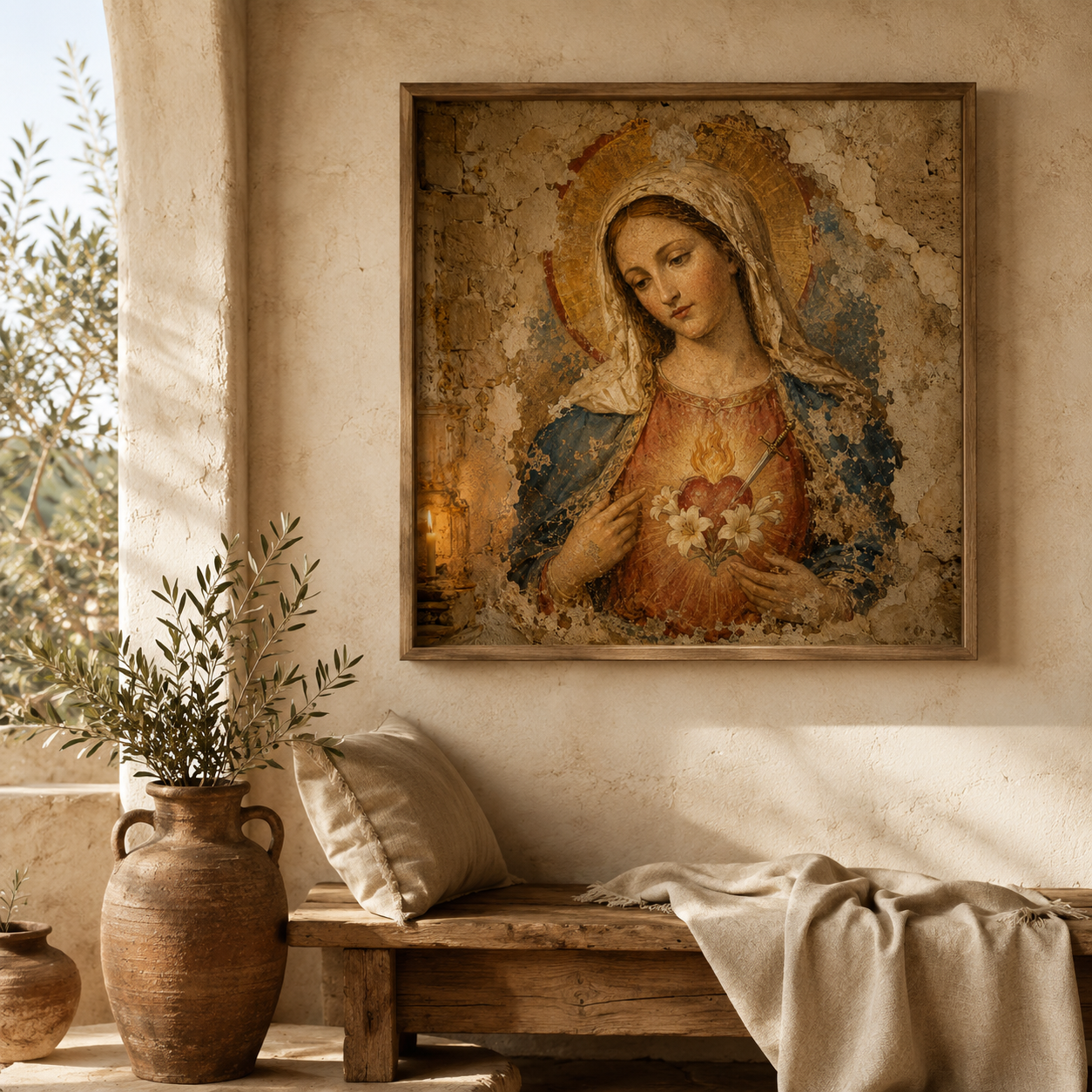 Immaculate Heart of Mary Printable, Catholic Wall Art, Virgin Mary Portrait, Sacred Heart of Mary, Holy Land Fresco Digital Download - Image 2