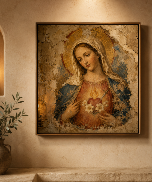 Immaculate Heart of Mary Printable, Catholic Wall Art, Virgin Mary Portrait, Sacred Heart of Mary, Holy Land Fresco Digital Download