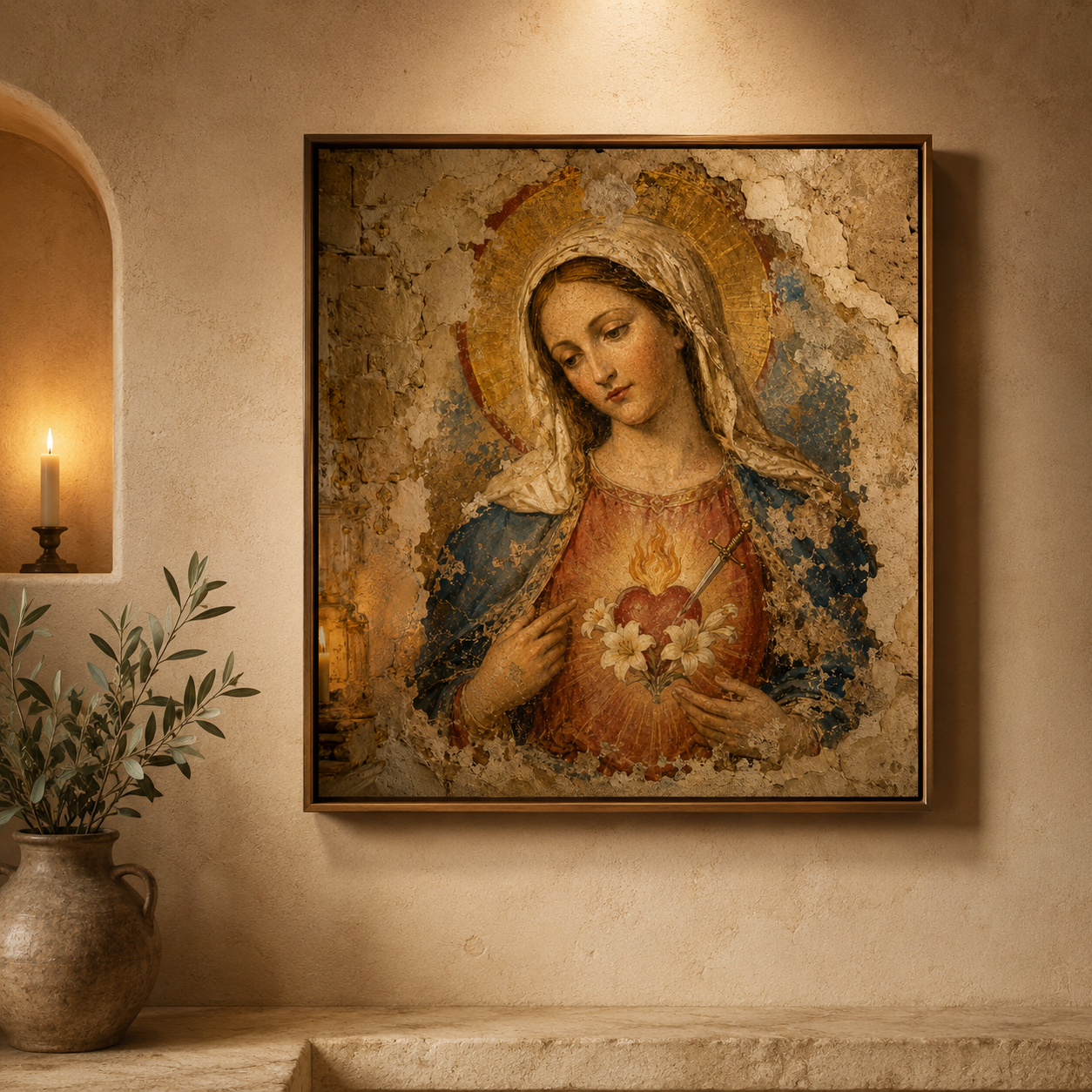 Immaculate Heart of Mary Printable, Catholic Wall Art, Virgin Mary Portrait, Sacred Heart of Mary, Holy Land Fresco Digital Download