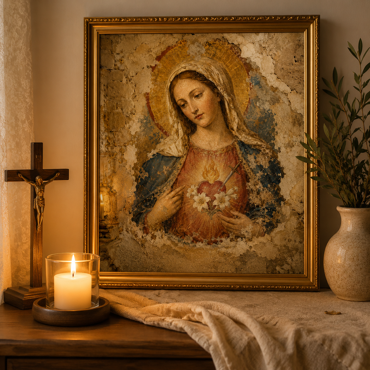 Immaculate Heart of Mary Printable, Catholic Wall Art, Virgin Mary Portrait, Sacred Heart of Mary, Holy Land Fresco Digital Download - Image 5