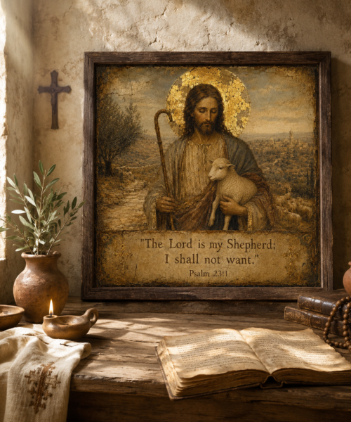 Good Shepherd Psalm 23 Print, Jesus with Sheep Christian Wall Art, The Lord Is My Shepherd Bible Verse, Ancient Monastery Icon, Digital Download