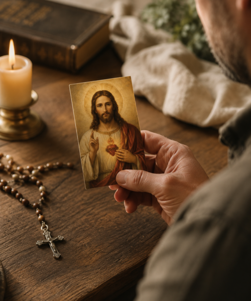 Sacred Heart of Jesus mini prayer card printable, designed as an 8x5 cm Catholic holy card and pocket devotional print for home altars, rosary tables, prayer corners, and personal Catholic devotion.