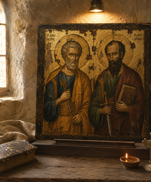Saint Peter and Paul Icon Print, Ancient Monastery Christian Wall Art, Orthodox Byzantine Apostle Art, Catholic Printable, Gold Leaf Icon