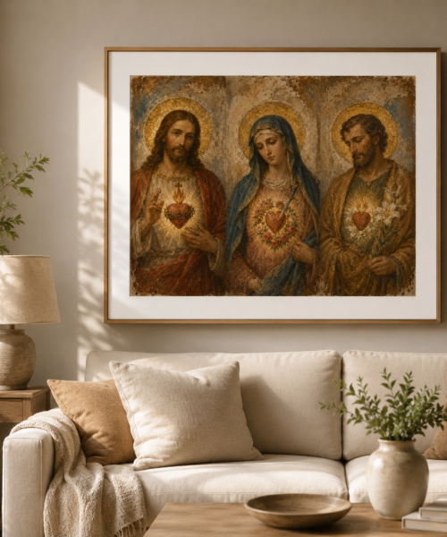 Sacred Hearts of the Holy Family Print, Jesus Mary Joseph Catholic Wall Art, Three Hearts JMJ Fresco Printable, Holy Family Digital Download