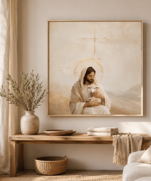 Good Shepherd Print, Neutral Jesus Wall Art, Minimalist Christian Printable, Sacred Modern Beige Decor, Jesus With Lamb Digital Download