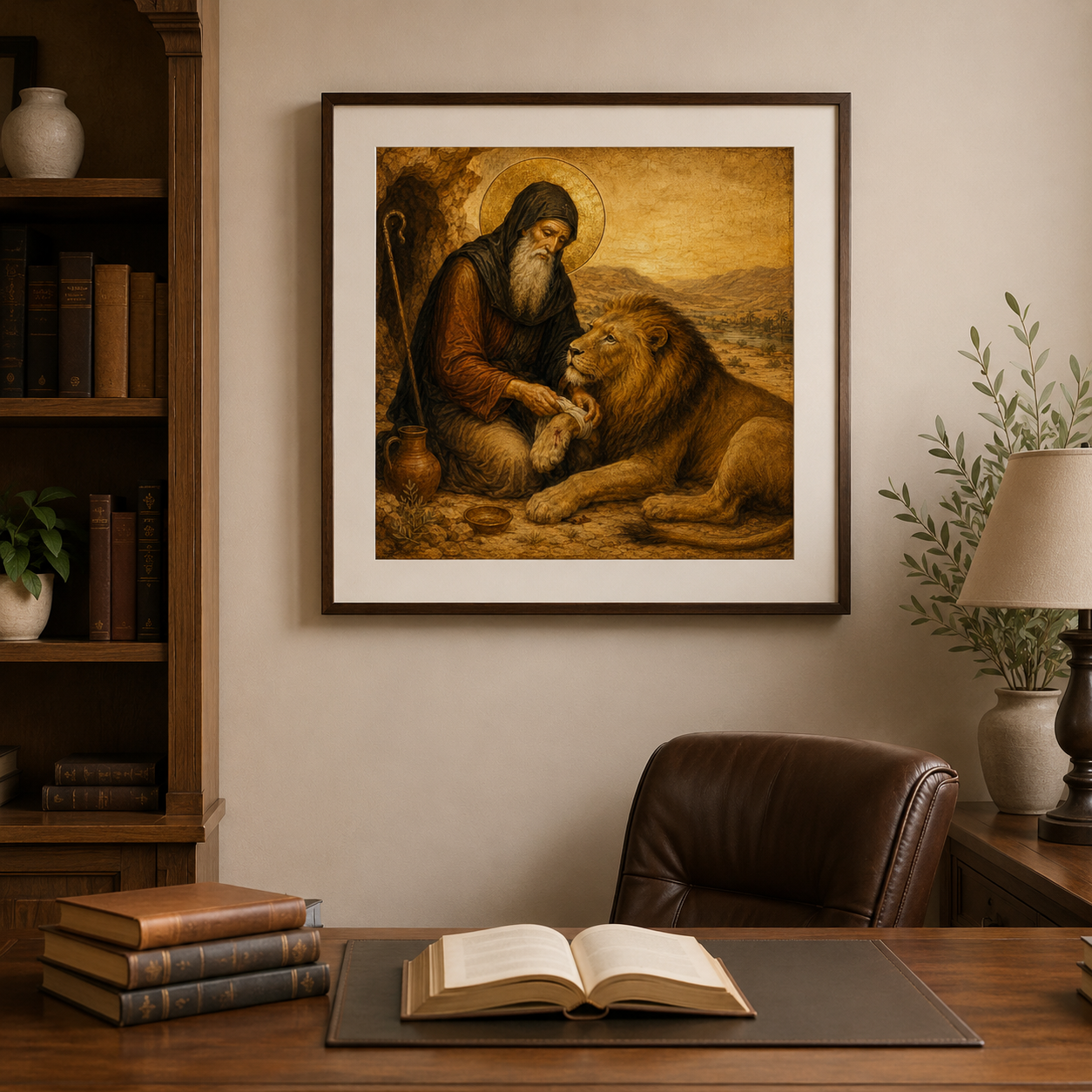 St Gerasimos and the Lion Print, Orthodox Saint Gerasimus of Jordan Icon, Desert Saint Wall Art, Christian Animal Lover Gift, Square Printable - Image 2