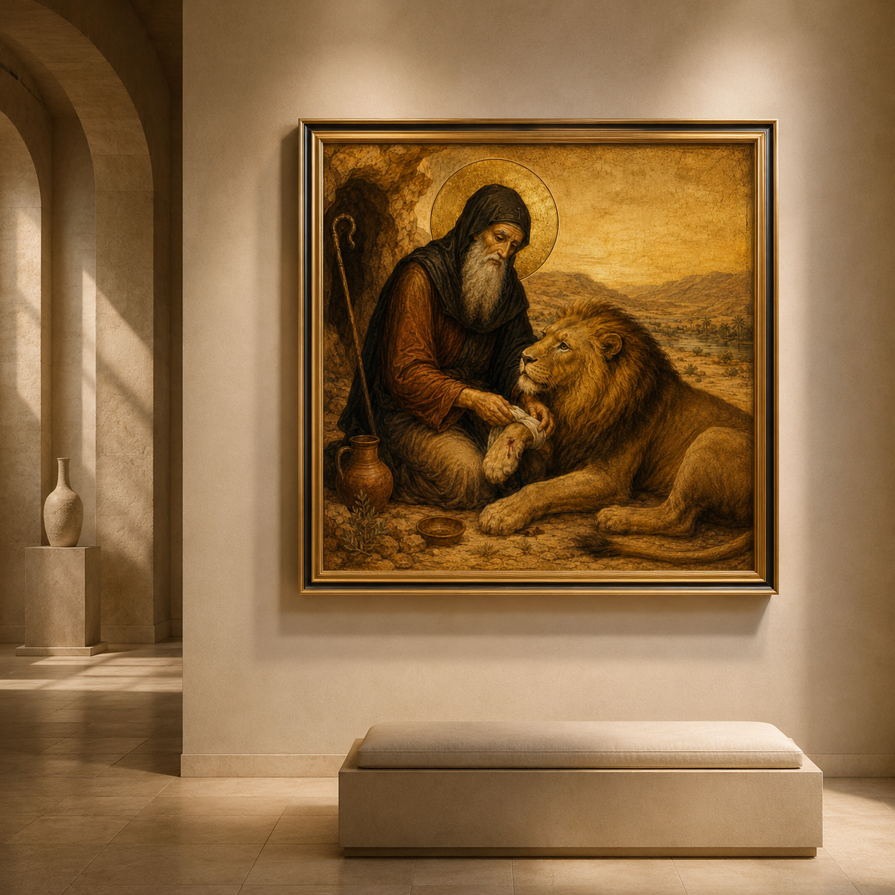 St Gerasimos and the Lion Print, Orthodox Saint Gerasimus of Jordan Icon, Desert Saint Wall Art, Christian Animal Lover Gift, Square Printable