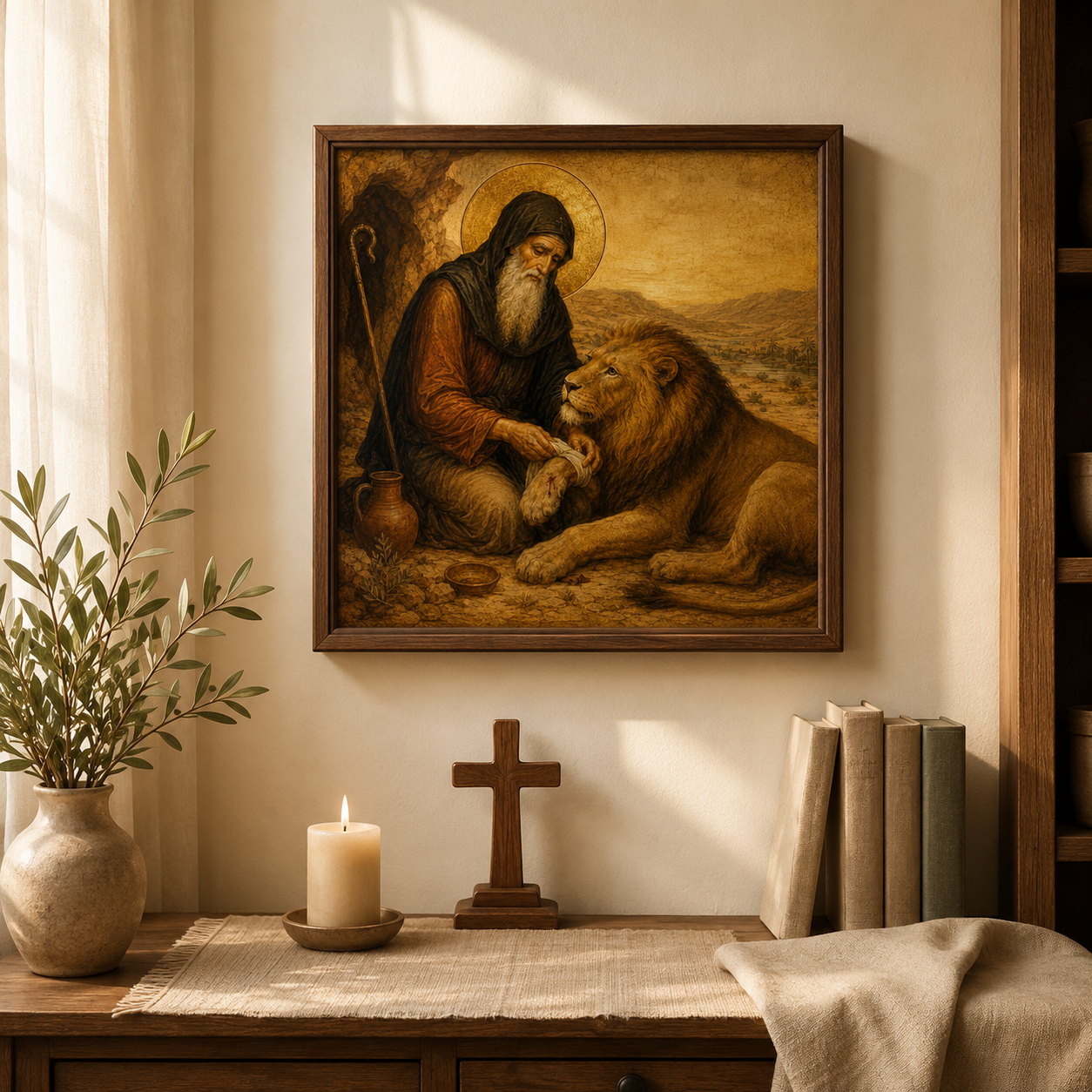 St Gerasimos and the Lion Print, Orthodox Saint Gerasimus of Jordan Icon, Desert Saint Wall Art, Christian Animal Lover Gift, Square Printable - Image 5