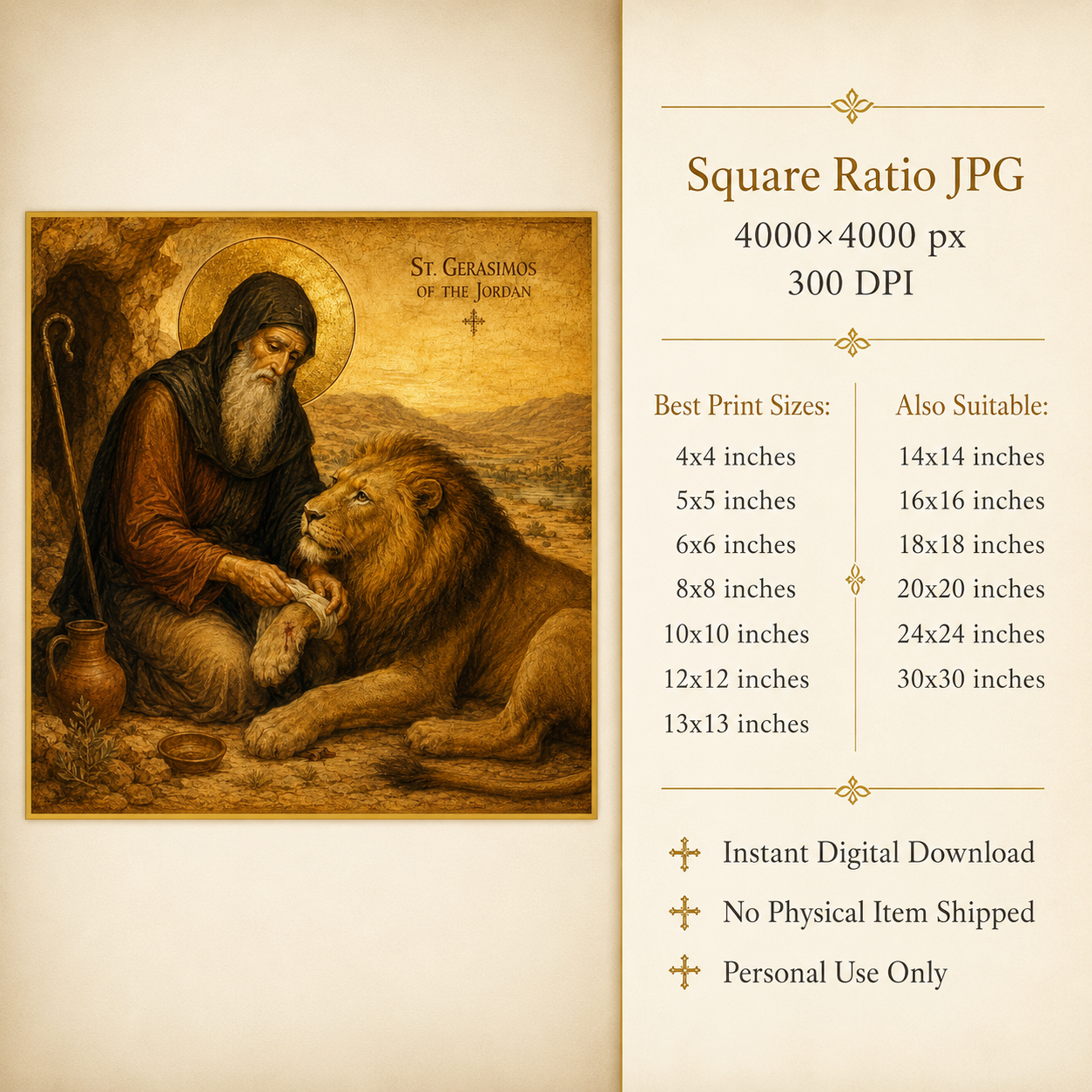 St Gerasimos and the Lion Print, Orthodox Saint Gerasimus of Jordan Icon, Desert Saint Wall Art, Christian Animal Lover Gift, Square Printable - Image 6