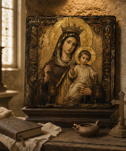 Our Lady of Mount Carmel Icon Print, Virgen del Carmen Catholic Wall Art, Ancient Spanish Marian Digital Download, Brown Scapular Art